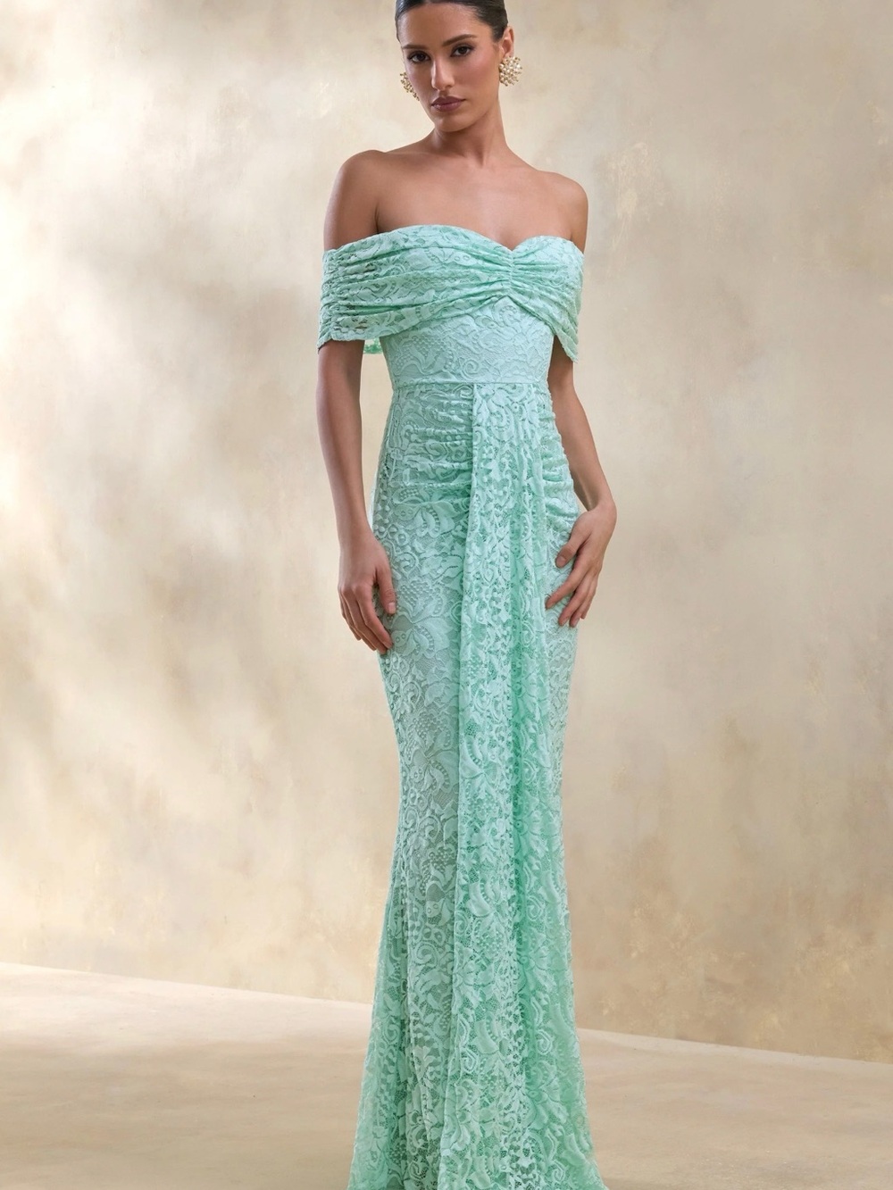 Off-Shoulder Lace Gown in Mint Green